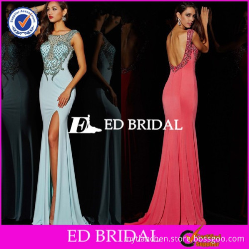 ZA004 Latest 2015 Design Bateau Neck High Front Slit Sexy Open Back Prom Dress